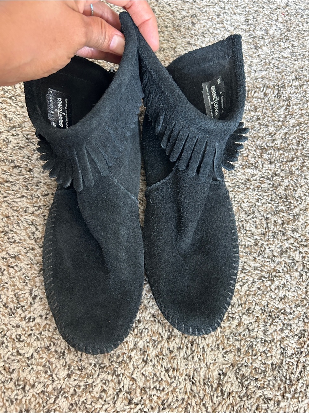 Minnetonka Black Suede Fringe Ankle Moccasins